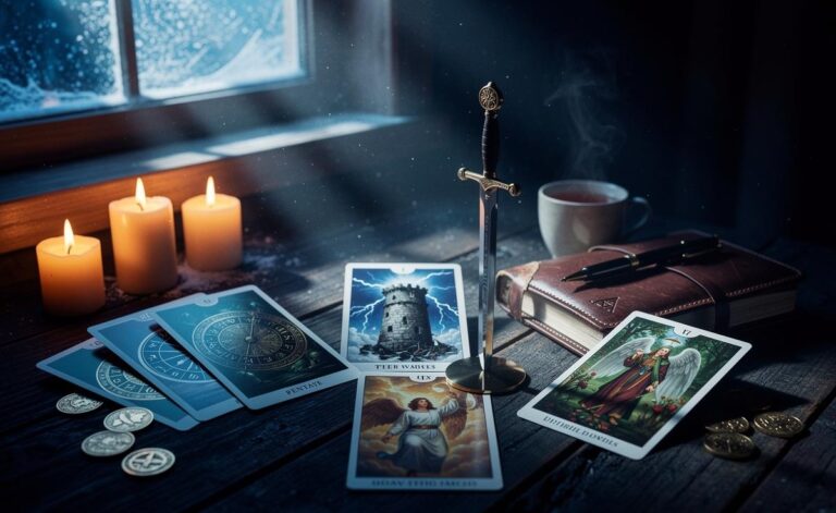 Illustration of a tarot spread with clustered Major Arcana, upright Swords, and reversed Pentacles indicating a shift on January 6, 2026