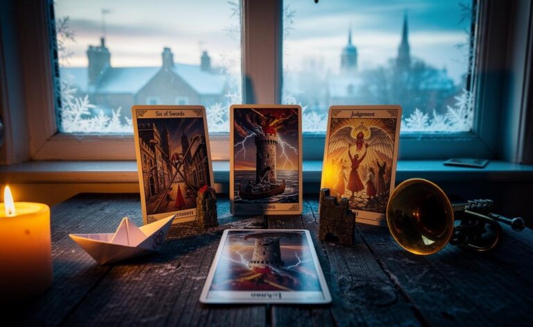 Illustration of a three-card tarot spread—The Tower (reversed), Six of Swords, and Judgement—signalling readiness for change on 6 January 2026