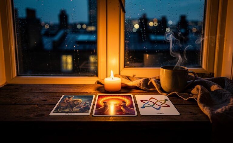 Illustration of Strength and The Lovers tarot cards on a table with a lit candle and a simple three-card spread for 6 January 2026
