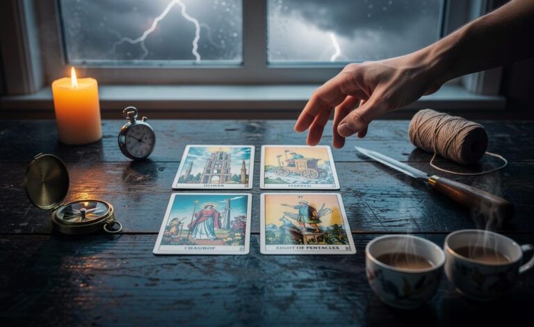 Illustration of a tarot spread featuring The Tower, The Chariot, Eight of Pentacles, and Two of Cups, reflecting January 5, 2026 insights on embracing change.