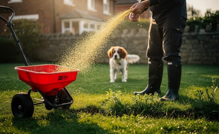 Illustration of a gardener spreading corn gluten meal on a UK lawn to prevent weed germination