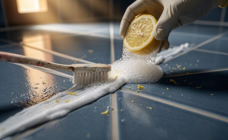 Illustration of tile grout being restored to its original brightness using lemon juice and baking soda.