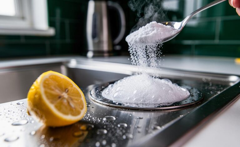 Illustration of eliminating drain odours with baking soda and lemon juice in a kitchen sink drain