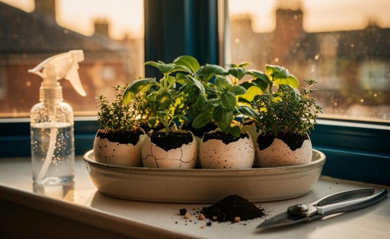 Illustration of eggshell planters growing intensely aromatic herb seedlings, including basil, thyme, and mint, on a bright windowsill