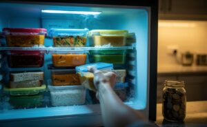 Illustration of labelled containers of leftovers neatly stacked in a home freezer to save money