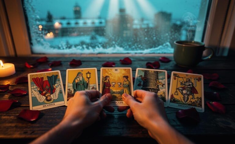 Illustration of a Tarot love forecast for 6 January 2026, featuring The Lovers (reversed), The Hermit, Two of Cups, The Tower (reversed), and Knight of Cups on a candlelit table