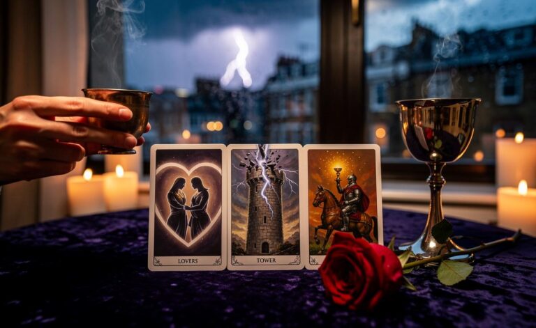 Illustration of a Love Tarot spread featuring The Lovers, The Tower, and the Knight of Cups for January 6, 2026