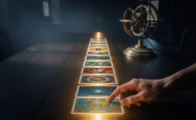 Illustration of Major Arcana tarot cards arranged along a timeline culminating on 15 July 2026