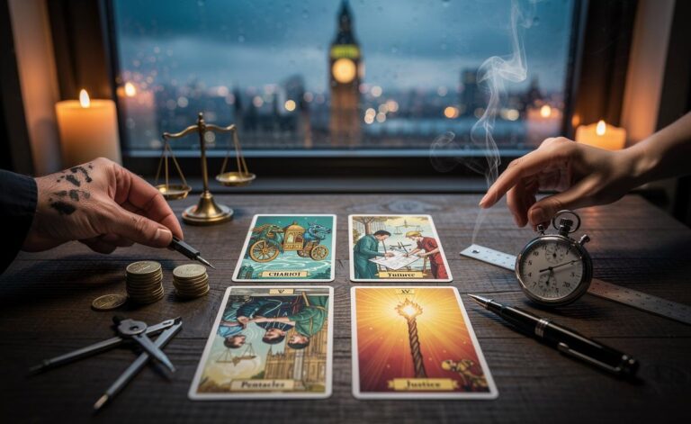 Illustration of tarot pulls on 6 January 2026 featuring The Chariot, Three of Pentacles, Justice (reversed), and Ace of Wands outlining steps to success