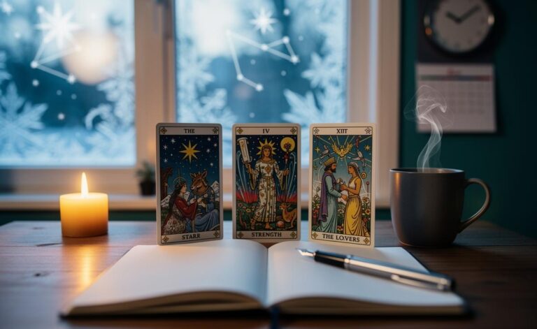 Illustration of a Tarot reading for January 6, 2026, highlighting The Star, Strength, and The Lovers to guide practical decisions