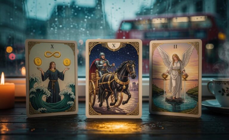 Illustration of a three-card tarot spread for Monday, 5 January 2026 – The Chariot, Two of Pentacles, and Temperance – guiding focused decisions in career, love, and money
