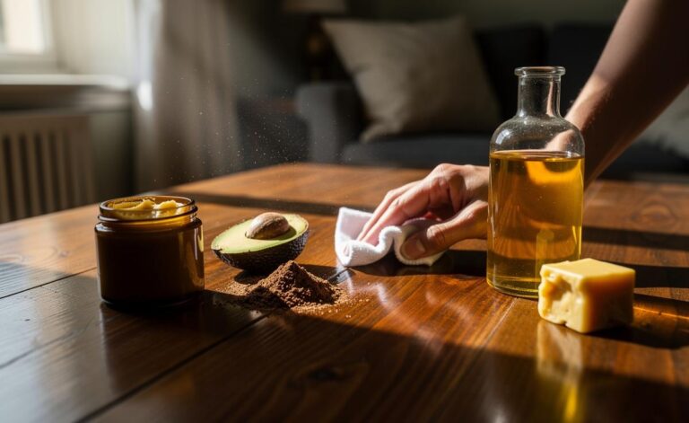 Illustration of an avocado pit-based natural oil polish being applied to a dull wooden surface to restore shine and protection