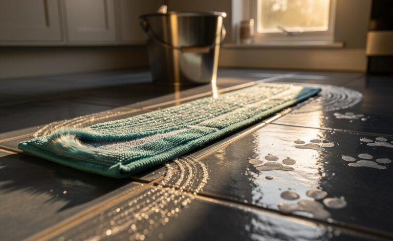 Illustration of a baking soda (bicarbonate of soda) floor-cleaning solution using alkalinity to break down greasy grime in seconds, applied with a microfiber mop