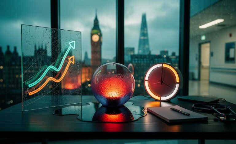 Illustration of the key numbers shaping 7 January 2026 in the UK: 2% inflation, the 1.5°C climate threshold, a 32-hour working week, and the NHS 18-week target