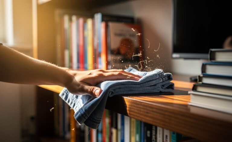 Illustration of an old cotton T-shirt being used to dust a shelf by harnessing static electricity