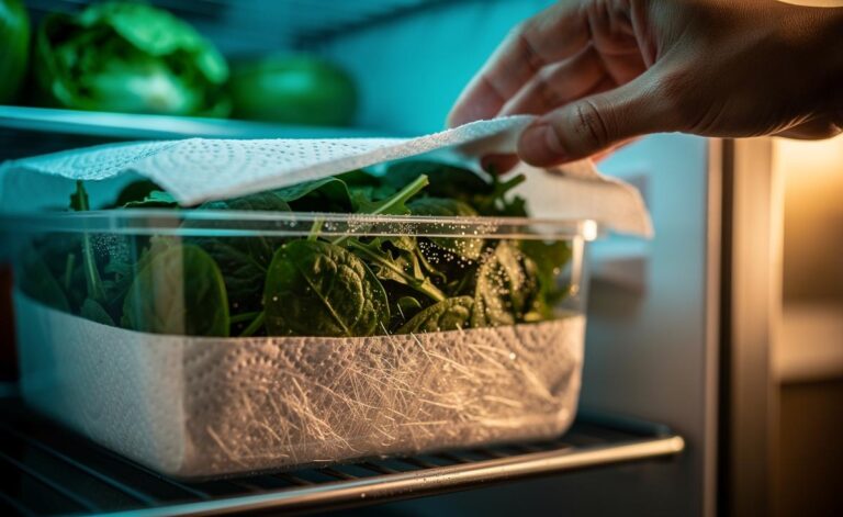 Illustration of leafy greens in a storage container lined with a paper towel, absorbing excess humidity to stay fresh all week