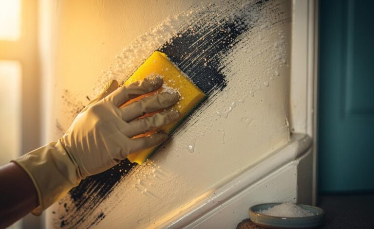 Illustration of a damp sponge with table salt gently abrading scuff marks on a painted interior wall