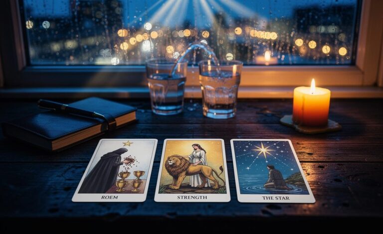 Illustration of the tarot journey on 6 January 2026, featuring Strength and The Star in a three-card spread, with numerology 1–8–17 and practical rituals