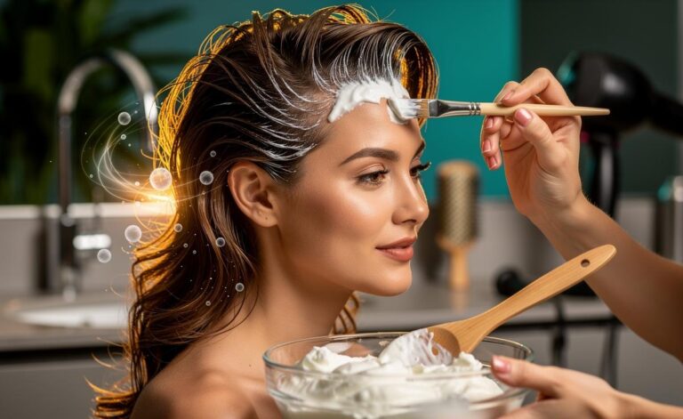 Illustration of a yoghurt hair pack being applied for instant volume, with probiotics fortifying strands and balancing the scalp microbiome