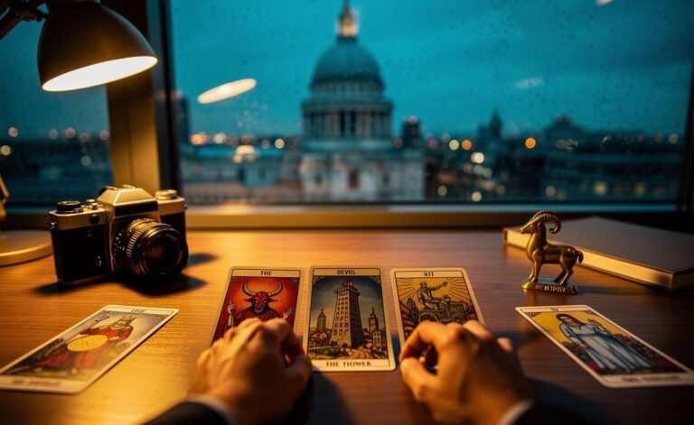 Illustration of a tarot spread for 5 January 2026 in Capricorn season, featuring The Devil, The Tower, and The Chariot to convey structure, revelation, and momentum