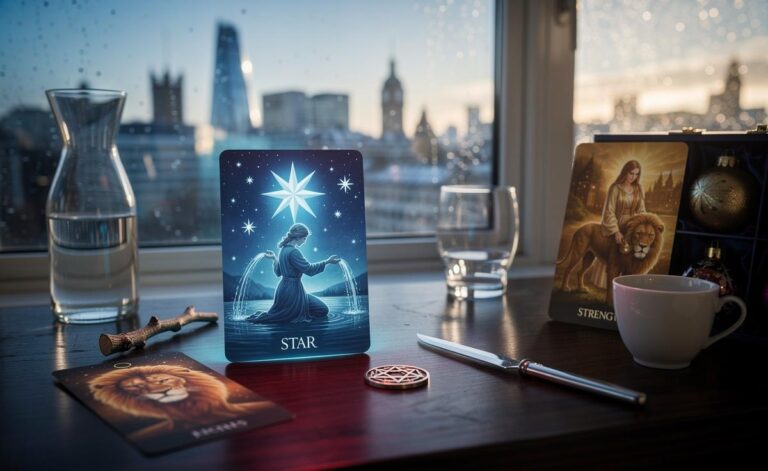 Illustration of The Star Tarot card guiding 6 January 2026, with a subtle Strength influence and Mars-aligned focus