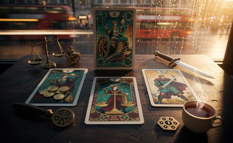 Illustration of a Tarot spread featuring The Chariot, Six of Pentacles, and Page of Swords for 6 January 2026