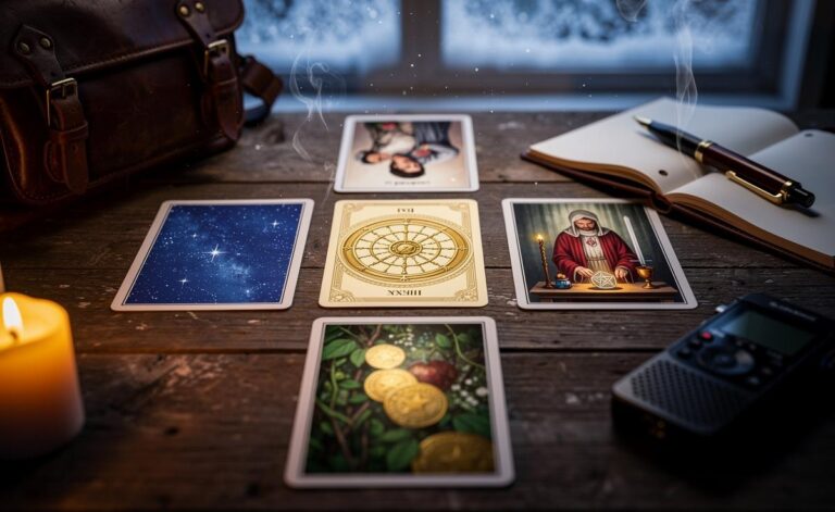 Illustration of a tarot spread for 5 January 2026 featuring the Wheel of Fortune, The Star, The Lovers (reversed), The Magician, and the Seven of Pentacles, symbolising surprises and guidance in love, work, and timing