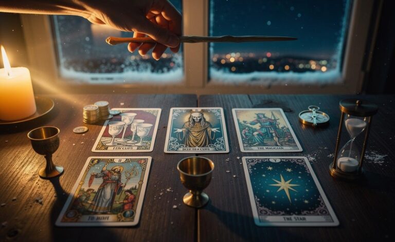 Illustration of a five-card Tarot spread for 5 January 2026 showing the Eight of Cups, Death, Five of Pentacles (reversed), The Magician, and The Star